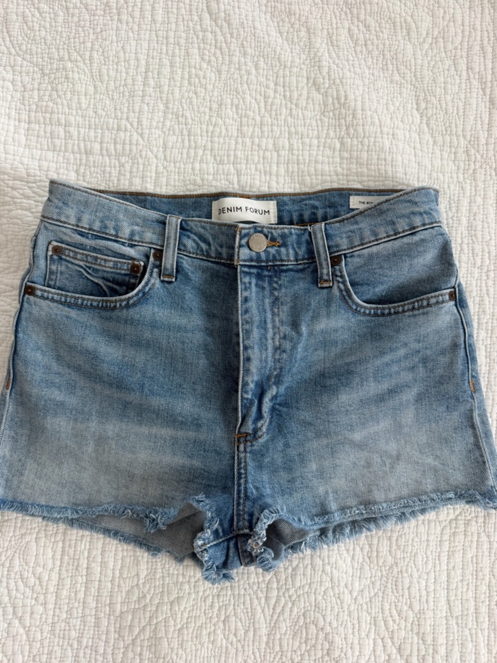 Denim Forum Light Wash Frayed Hem Denim Shorts